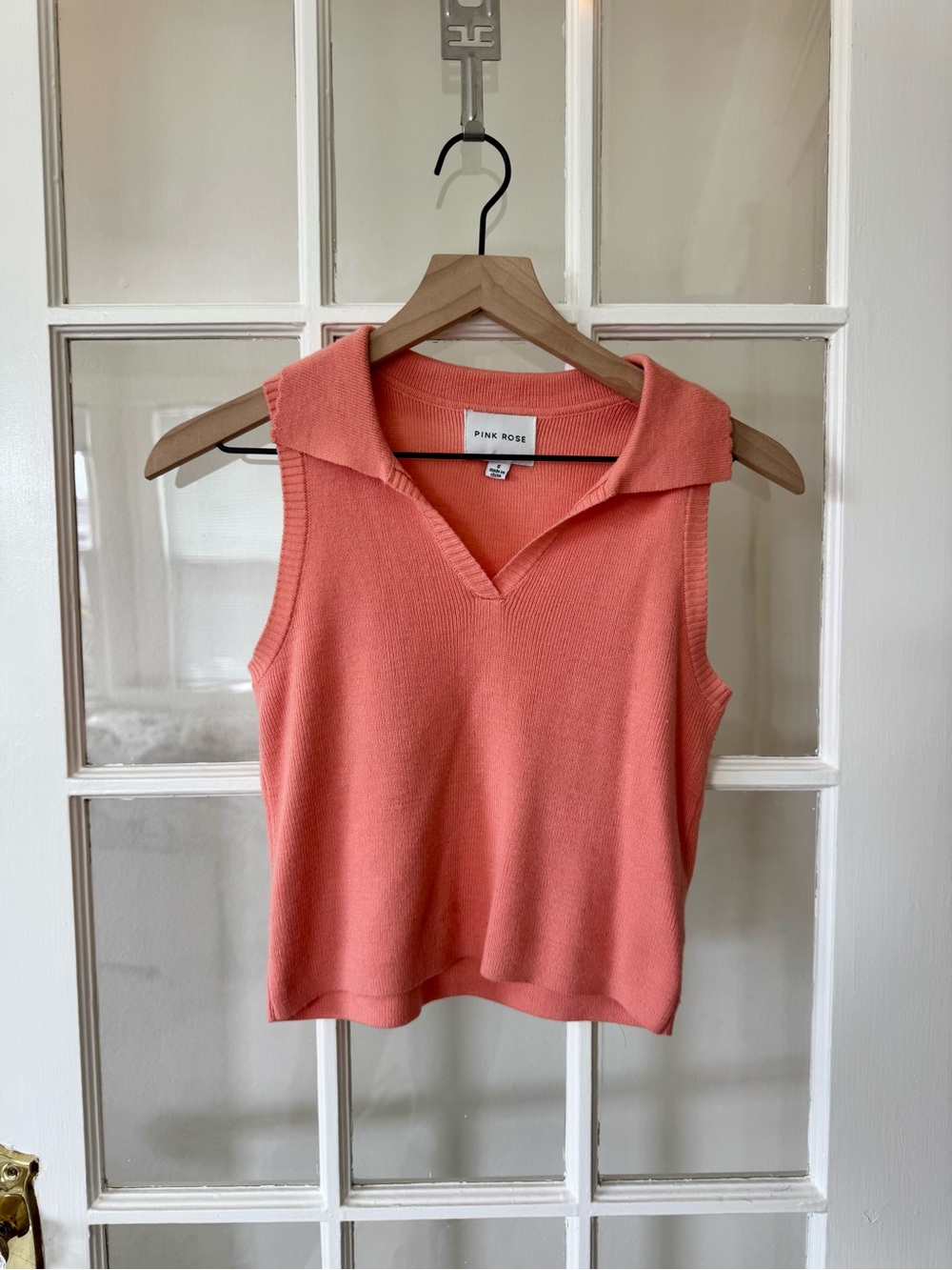 Pink Rose Coral Knit Sleeveless Polo Top